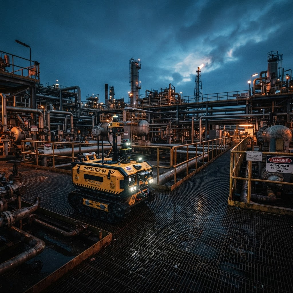 An ExRobotics autonomous inspection robot patrolling an oil and gas facility at dusk