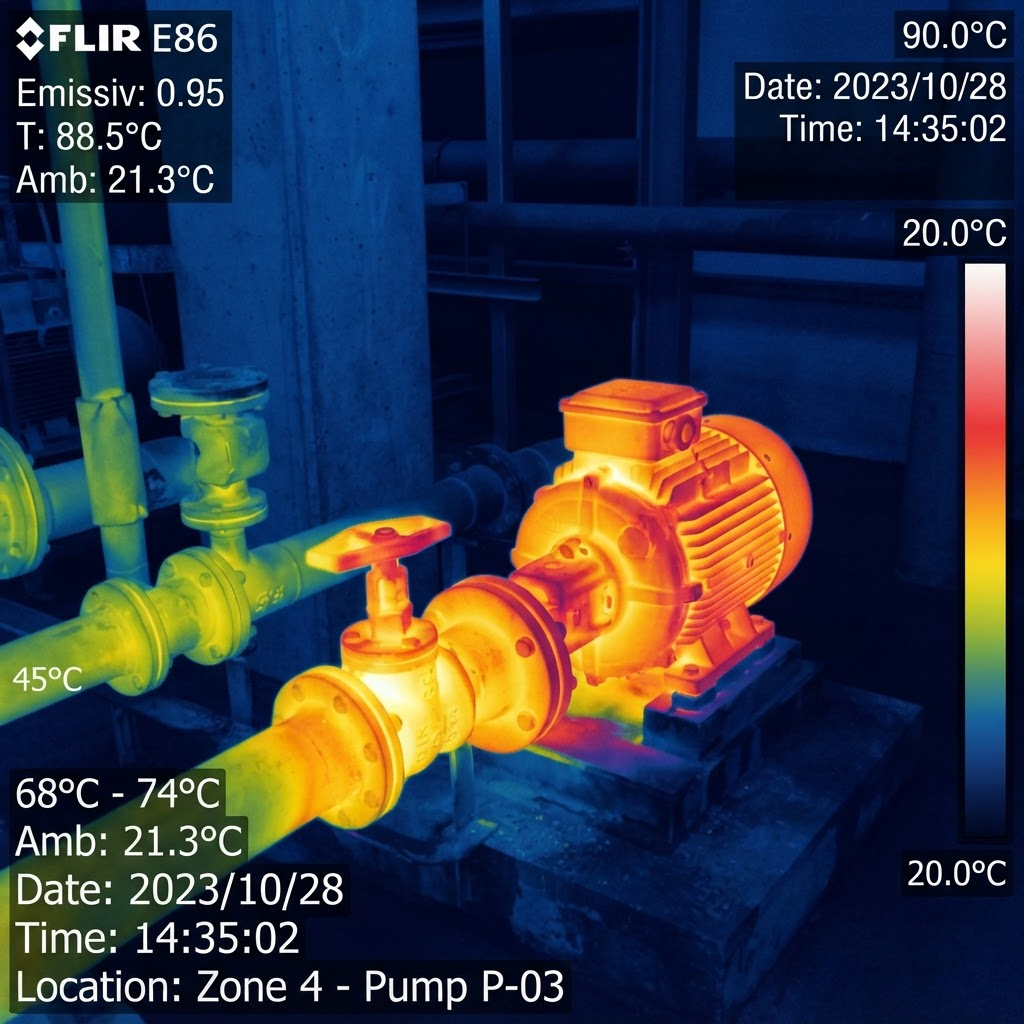 Thermal infrared inspection view of industrial pipes and a pump motor